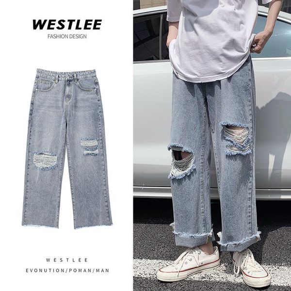 

men's jean pants with holes washing jeans pants men's hong kong style trend pendant sense casual wide-leg loose str, Blue