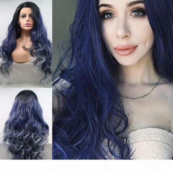 

dark blue with white roots black color body wave hair synthetic lace front wigs heat resistant fiber hair for women hair cosplay,party
