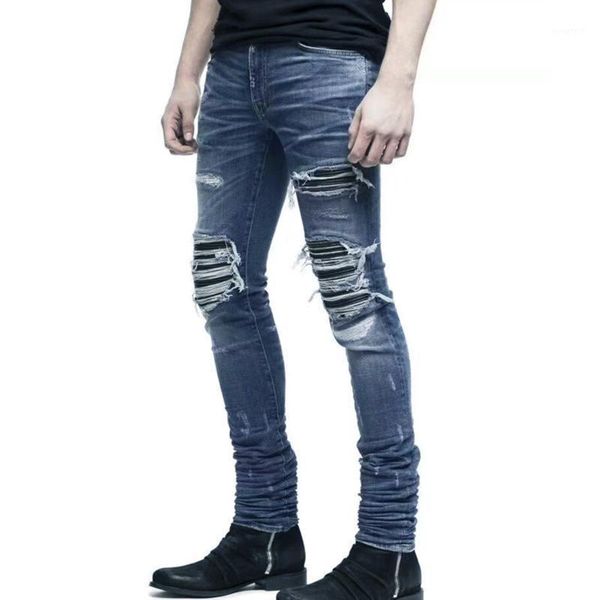 

streetwear fashion men skinny jeans vintage ripped jeans slim fit male punk pants biker homme destroyed elastic man1, Blue