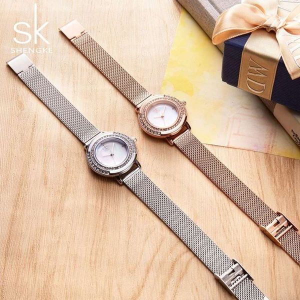 

mesh steel shengke belt fashion k0076 diamond inlaid women's watch, Slivery;brown