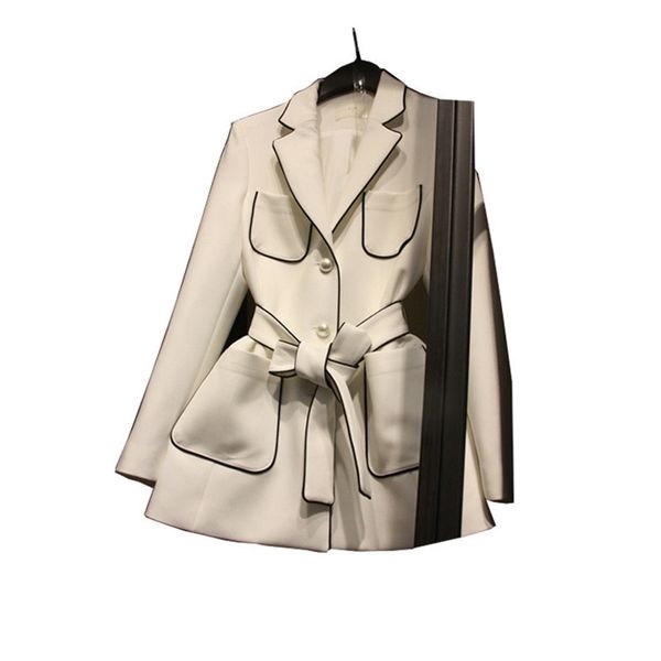 

[ewq] 2020 spring autumn new pattern v- long sleeve solid patchwork lace up pockets single breasted casual suit coat women lj201214, White;black