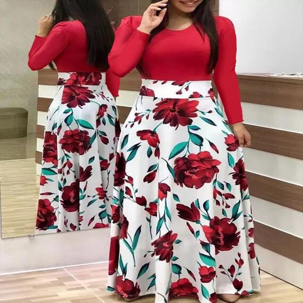 

lossky plus size womens autumn print stitching flower casual long dress 2020 vestido bodycon elegant lady maxi dress women, Black;gray