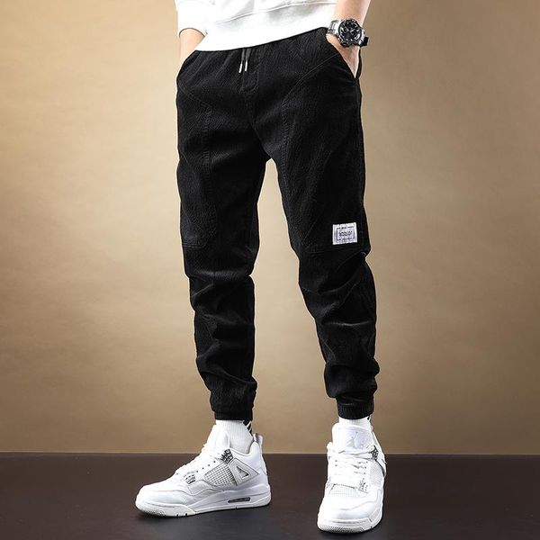 

pants men fashion casual corduroy joggers loose drawstring trousers, Black