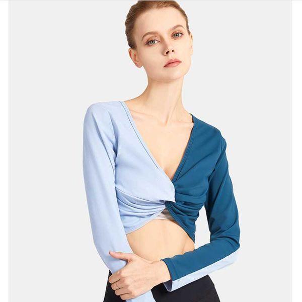 

yoga outfits women double-sided reversible v-neck wear long sleeves quick dry button-knot fitness crop slim gym shirts, White;red