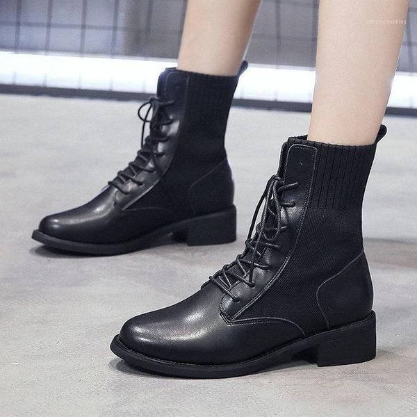 

size 35-51 nice new vogue ankle rain boots women autumn british style lace up shoes woman high heels female wild locomotive boot1, Black