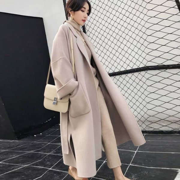 

2020 new winter beige wool coat for women long slim woolen coat women's woolen belt cashmere1, Black