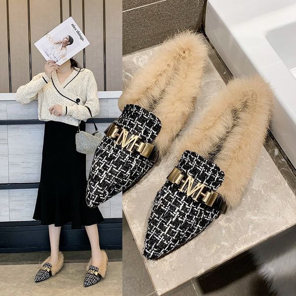 

new paris c style cloth shoe winter plaid women boots casual fur warm slipper fashion luxurys designers shoes pointed toe ing, Black