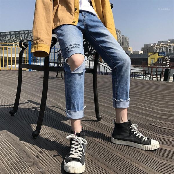 

2019 new men's nine points pants handsome broken hole jeans korean version of the trend male pants casual pencil1, Blue