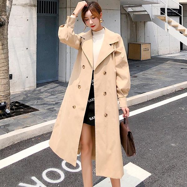 

autumn new style long windbreaker women belt waist double-breasted over-the-knee jacket coat, Tan;black