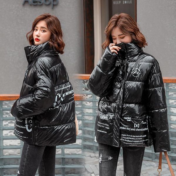 

women's down & parkas korean style womens winter jackets with zipper stand collar printing loose female thick cotton padded women puffe, Black