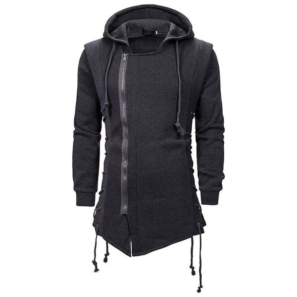 

hooded loose coat zipper hoodie with side lashing crossed black dark grey hoodies men 2020