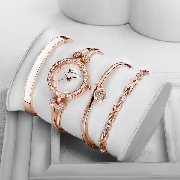 

4 pcs suit elegant bracelet watch ladies luxury fashion quartz watch wristwatch rose gold diamond watches women clock orologio 201118, Slivery;brown