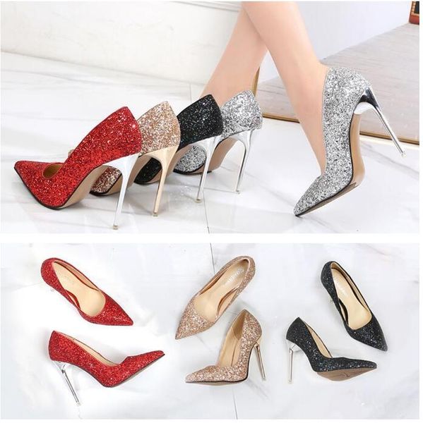 

women fetish shoes high gold-plated heels heel 11cm pumps wedding bling stilettos shoes 2021 big size 46 luxury gold silver 4qp6, Black