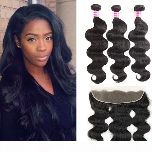 

100% brazilian virgin human hair body wave bundles with 13x4 lace frontal closure full ear to ear remy human hair extensions, Black;brown