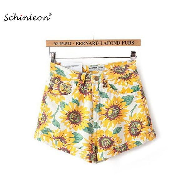 

2018 summer women shorts sunflower print high waist vintage cotton slim casual shorts f bbyjpl, White;black