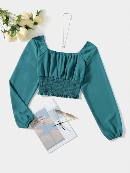 

solid ruched bust scoop neck shirred blouse x57z#, White