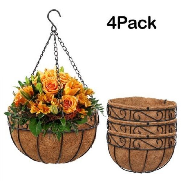 

4 pcs 12 inch wrought iron coconut palm hanging basket round black&brown garden balcony home decoration