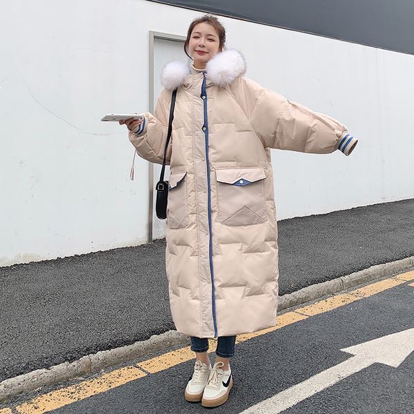 

2021 new winter women's 90% white duck down long new with hood big leather neck single thick breasted cotton jacket 8y f7ye, Black