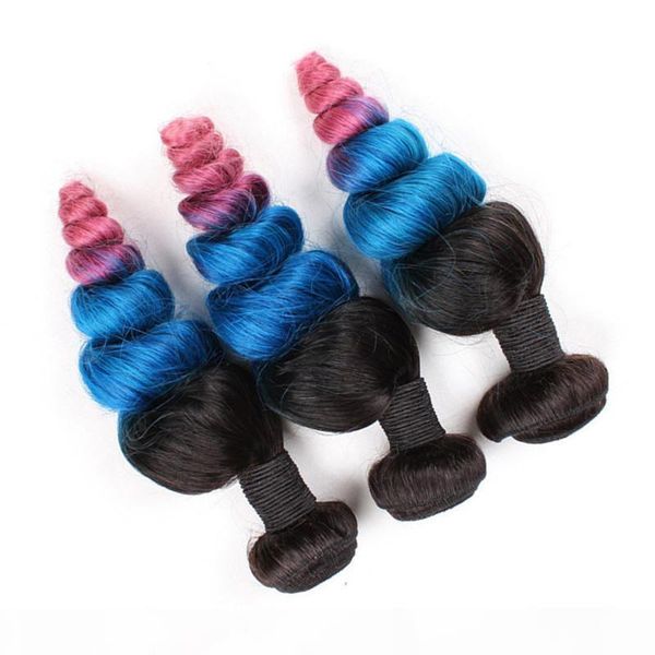 

#1b blue pink ombre peruvian human hair double wefts 3pcs loose wave three tone ombre human hair bundles deals wavy virgin hair weaves, Black;brown
