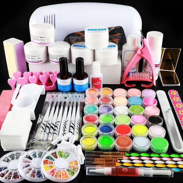 

wholesale-professional manicure set acrylic nail art salon supplies kit tool with uv lamp uv gel nail polish diy makeup full set