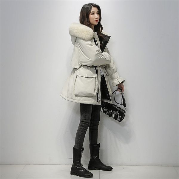 

fitaylor large natural fox fur hooded winter jacket women 90% white duck down thick parkas warm sash tie up snow coat q1217, Black