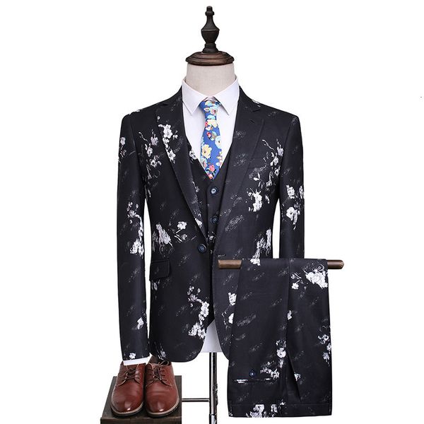 

men's suits men's suit three-piece suit (jacket + pants + vest) men's printed single button fashion slim dress wedding groom, White;black