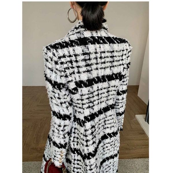 

women wool & blends fashion new women tweed long jacket with buttons contrast color woolen coat women cool jacket size s m l, Black