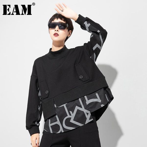 

eam] women big size white letter iregular spliced t-shirt new stand collar long sleeve fashion tide spring autumn 2021 1dd0232