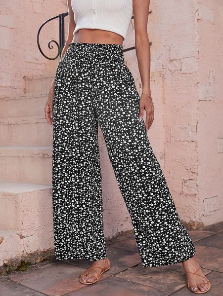 

ditsy floral print wide leg pants f2ff#, Black;white