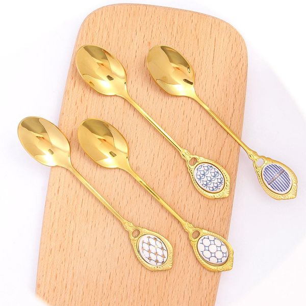 

stainless steel spoons inlay ceramic handle coffee scoop vintage gold color dessert spoon elegant fashion cake scoop h bbywqu