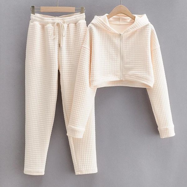 

2021 new fund of autumn winters is brief paragraph grid zip fleece + movement beam foot trousers leisure suit female jqz6, Black