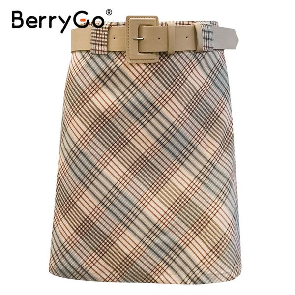 

berrygo chic contrast color plaid high waist women skirt a-line belt short skirt ladies casual autumn winter mini skirt 2020 new q1209, Black