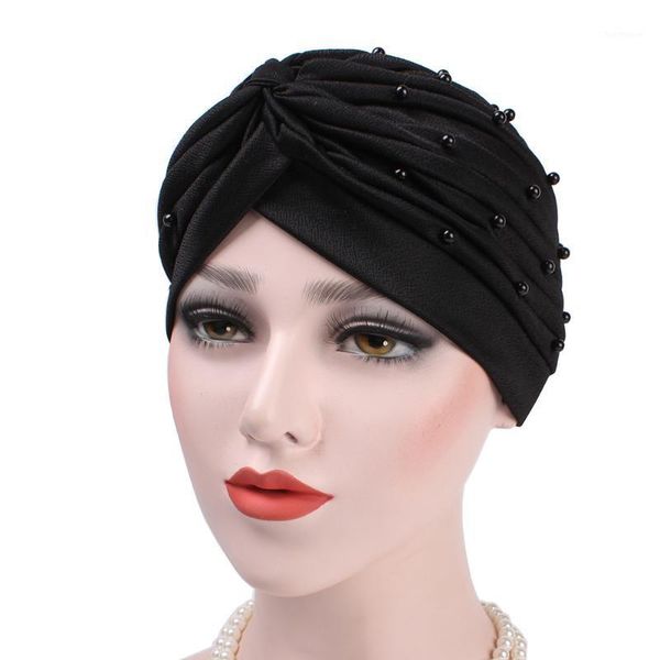 

women turban hat faux pearl pleated muslim stretch cap chemo head scarf1, Blue;gray