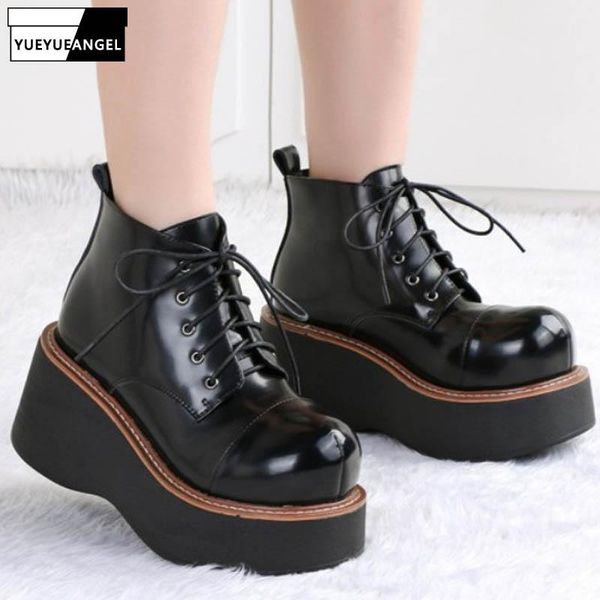 

casual lace-up platform shoes woman leather round toe harajuku wedge ankle boots 2020 new black punk boots women