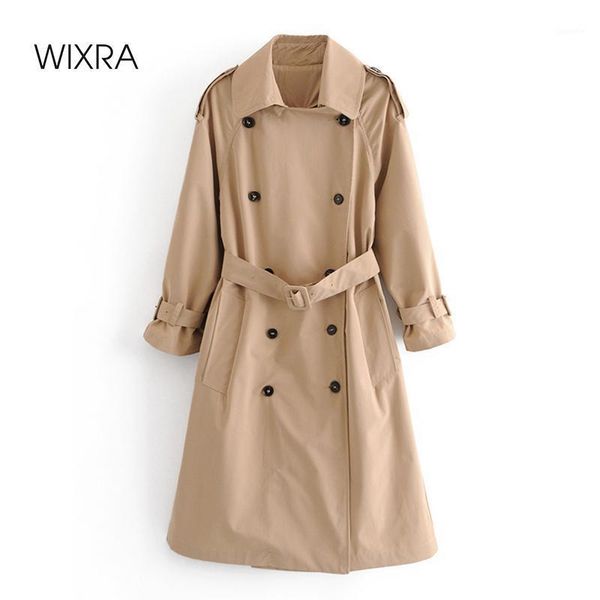 

wixra casual trench 2020 long windbreaker womens korean double breasted coat sashes solid full sleeve pockets outerwear1, Tan;black
