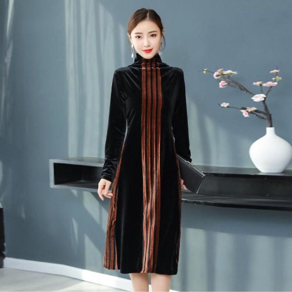 

2020 autumn winter dress plus size 3xl turtleneck loose long sleeve woman ball gown long spring velvet dress, Black;gray