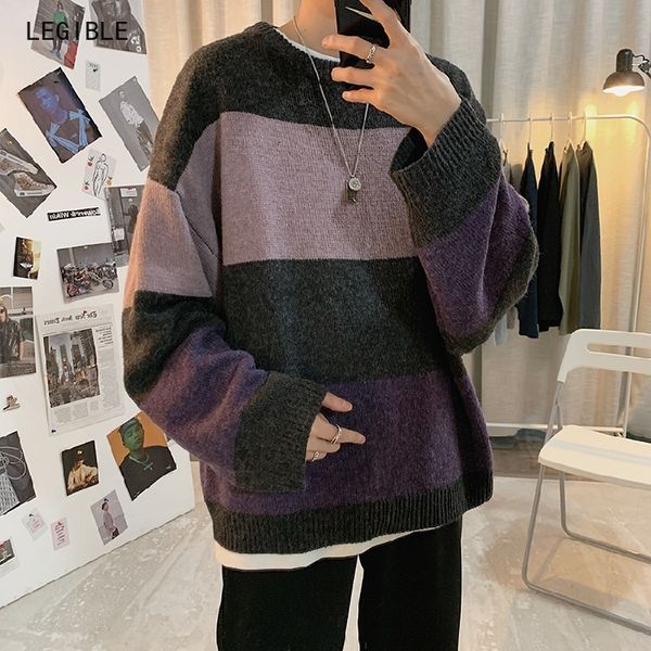 

oversized sweater men casual autumn winter warm sweater pullover male loose striped patchwork knitted male sweaters, White;black