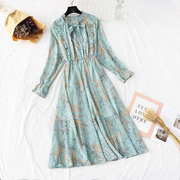 

2020 long women dress spring elegant floral print dresses a-line elastic waist chiffon loose ankle-length retro female dress1, Black;gray