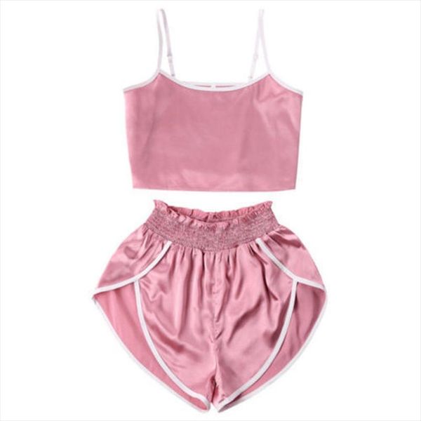 

womens satin clothes set summer ladies vest crop high waist pants casual ladies camisole shorts outfits active outwear, Gray