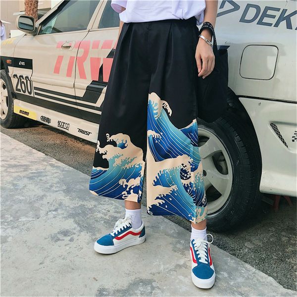 

japanese style harajuku wide leg pants woman loose kanagawa print trousers men casual ukiyo-e hight waist capris streetwear lj200814, Black;white