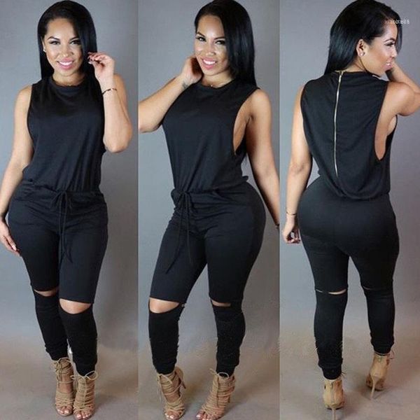 

women o-neck high waist sleeveless drawstring hollow out bodycon jumpsuit female club party romper playsuit streetwear11, Black;white