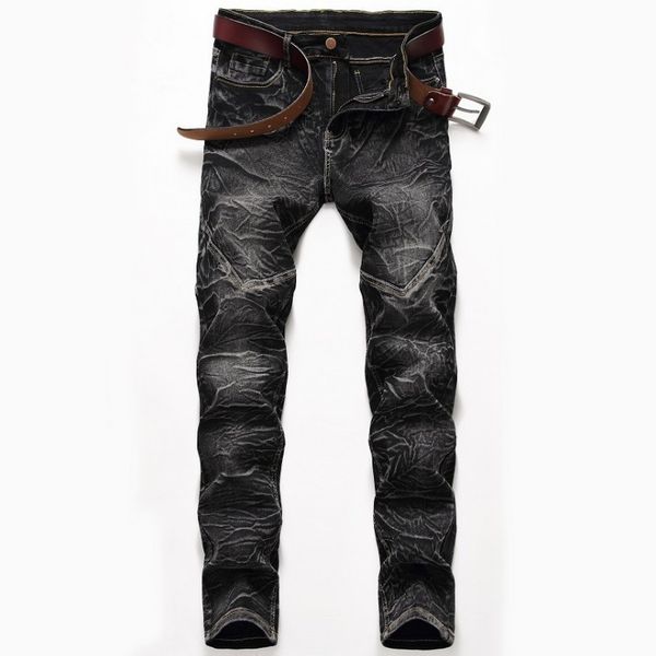 

stretch jeans men's fashion new straight washed men's pants 3 colors ruched male jeans full length, Blue