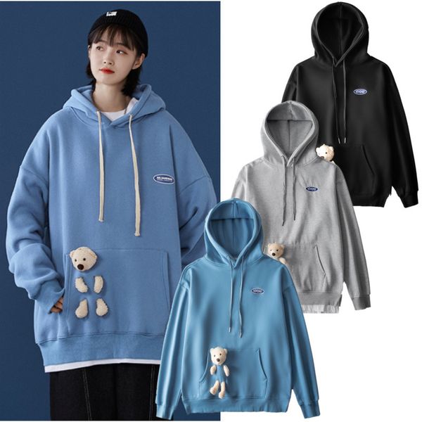 

e inverno outono mar trs-dimensional urso verstil falso duas peas solto cor slida capuz casaco casal de pelcia njh0, Black;brown