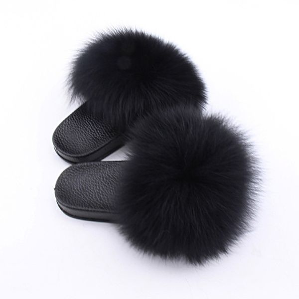 

kids real fox hair slippers casual plush furry real fur slippers boys slides summer shoes girls flip flops child sandals 201113, Black;grey