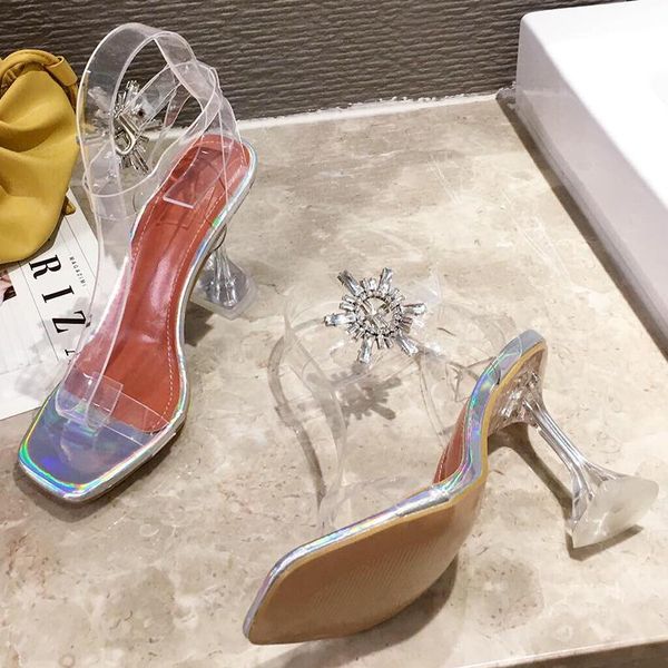 

2021 new summer luxury women hoof high heels sandals crystal ankle strap sandals perspex square toe rope valentine shoes, Black