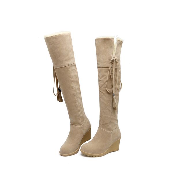 

020 new arrival over the knee boots women flock round toe winter boots comfortable wedges shoes woman snow boots, Black