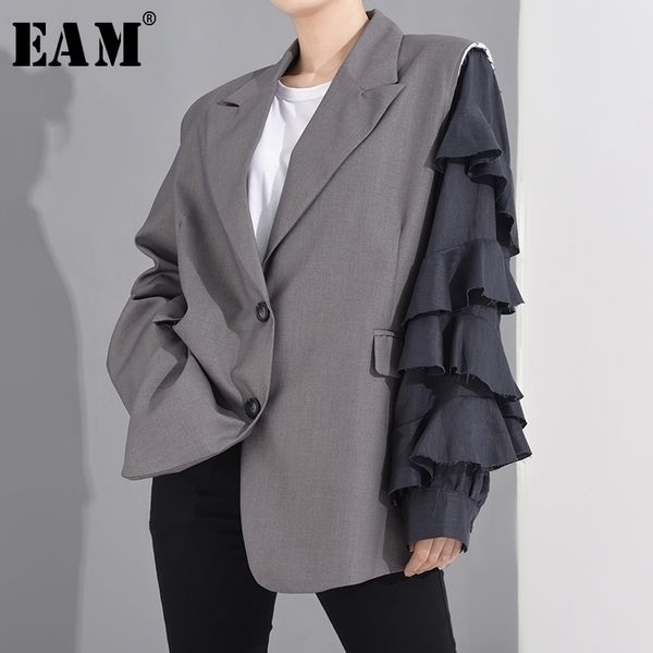 

[eam] women gray ruffles burr split big size blazer new lapel long sleeve loose fit jacket fashion spring autumn 1t27002s 201201, White;black
