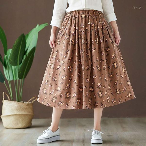 

spring autumn vintage cotton skirts women chic elegant high waist elastic floral print a-line skirt female big swing midi saias1, Black