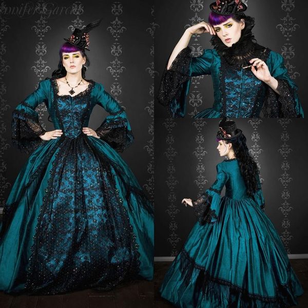 Vintage mittelalterliche Ballkleider 2021 Gothic Fantasy Frauen Cosplay Maskerade Partykleid quadratischer Ausschnitt lange Glockenärmel Spitze Abendkleider