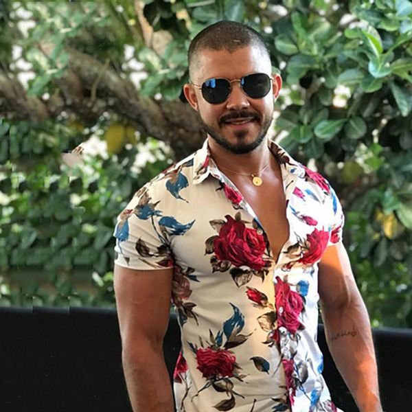 

camisa ocasional dos homens de manga curta camisas florais casual masculino camisa flor imprimir camisas floral masculina 10.4, White;black